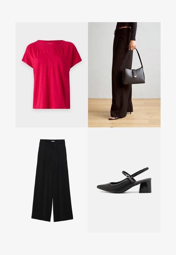 Rotes Kurzarmoberteil mit V-Ausschnitt und leicht gerafften Schultern. Hergestellt aus weichem, strukturiertem Stoff mit lockerer Passform.; Schwarze weite Hosen aus strukturiertem Stoff, mit elastischem Bund und einem abnehmbaren Bindegürtel in der Taille für eine verstellbare Passform.; Schwarze Lackleder-Slingback-Absätze mit spitzer Zehenform, einem runden Ausschnitt-Design und einem Blockabsatz. Mit einem goldfarbenen Schnallenakzent.; Schwarze Handtasche mit strukturierter Form, glatter Textur und einem metallischen Verschluss. Kombiniert mit weiten schwarzen Hosen und offenen Sandalen auf einem Holzboden.