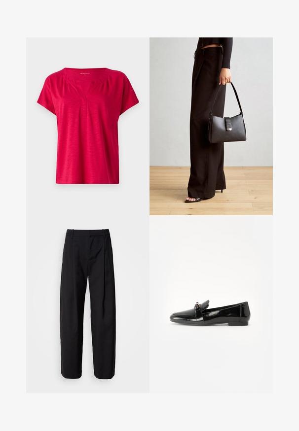 Rotes Kurzarmoberteil mit V-Ausschnitt und leicht gerafften Schultern. Hergestellt aus weichem, strukturiertem Stoff mit lockerer Passform.; Schwarze Hosen mit lockerer Passform, gefaltetem Bund und Gürtelschlaufen. Glattes Material und gerade Beine mit seitlichen Taschen.; Schwarze Lackleder-Lederschuhe mit flacher Sohle, runder Spitze und einem dekorativen Riemen mit einem goldfarbenen Akzent. Glattes, glänzendes Finish.; Schwarze Handtasche mit strukturierter Form, glatter Textur und einem metallischen Verschluss. Kombiniert mit weiten schwarzen Hosen und offenen Sandalen auf einem Holzboden.