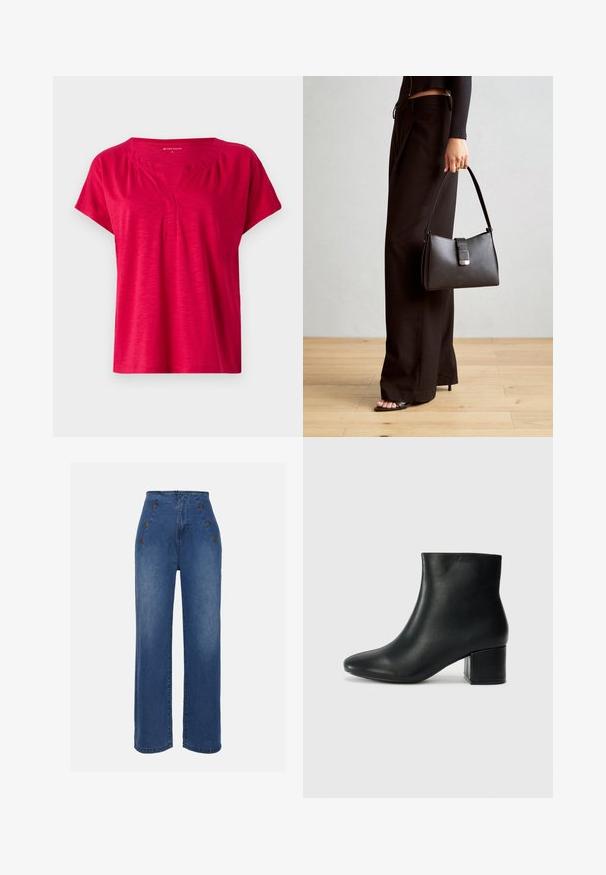 Piros, rövid ujjú felső V-nyakkivágással és enyhe redőzéssel a vállaknál. Puha, texturált anyagból készült, laza szabással.; Közepesen kék, magas derekú farmernadrág. Elöl gombos részletek és széles szárú kialakítás jellemzi. Az anyaga sima tapintású, enyhén megfakult.; Fekete bőr bokacsizma hegyes orral és vastag sarokkal. Sima felület minimális díszítéssel és karcsú, passzos kialakítással.; Fekete kézi táska strukturált formával, sima textúrával és fémből készült záródással. Széles fekete nadrággal és nyitott orrú szandállal párosítva, fából készült padlón.