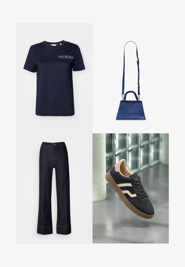 Navyblauwe katoenen T-shirt met korte mouwen, ronde hals en een bedrukt logo met "GANT 1949" op de linkerborst. Smooth textuur.; Donkerdenim wijde broek met hoge taille, voorzien van een knoopsluiting aan de voorkant en oranje stikselaccenten. Glad textuur overal.; Marine leren sneakers met crèmekleurige strepen, roze accenten op de hiel en een getextureerde tan rubberen zool. Klassiek laag model.; Blauwe neplederen handtas met een driehoekige vorm, bovenhandvat en verstelbare schouderriem. Heeft een gladde textuur en een details met een klep aan de voorkant.