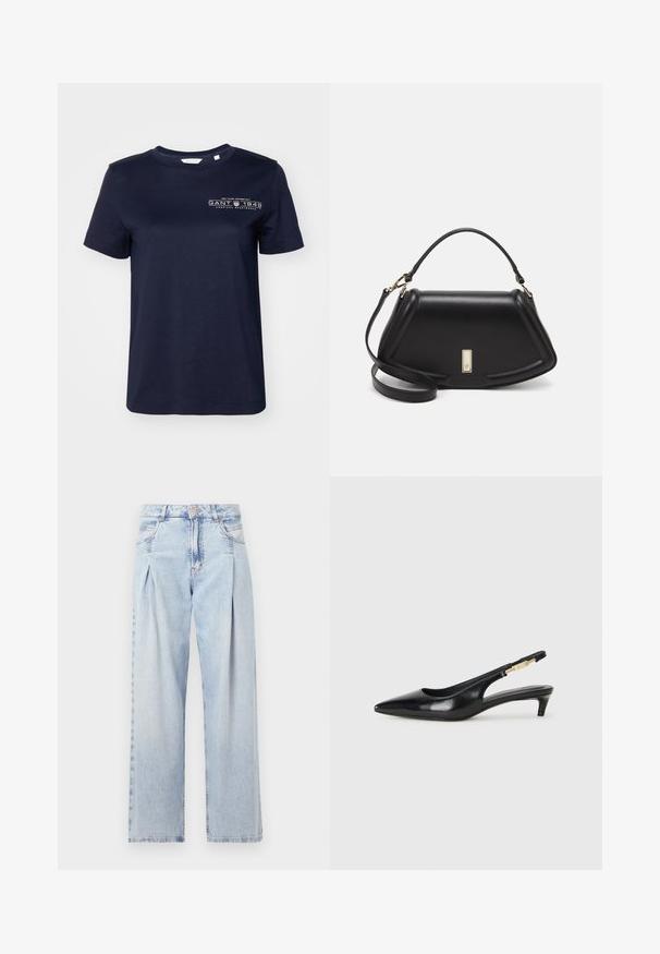 Tumed sinine puuvillane T-särk lühikeste varrukatega, ümara kaelusega ja vasakul rinnal "GANT 1949" trükitud logoga. Sile tekstuur.; Heledad sinise denimist valmistatud teksapüksid kõrge vöökohaga, laia jala lõikega, kahe külje taskuga ja pleedi disainiga. Pehme tekstuur ja pleekinud viimistlus.; Mustad nahast slingback kontsad terava ninaga, millel on õhuke konts ja kuldse tooni aktsent reguleeritaval rihmal. Sile tekstuur.; Must mustrist käekott, millel on struktureeritud disain, lühendatud kuju, ülemine käepide ja kuldne metallist detail. Reguleeritav õlalihm on kaasas.