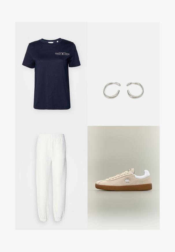 Tamno plavi pamučni majica s kratkim rukavima, okruglim izrezom i otisnutim logotipom "GANT 1949" na lijevoj strani prsnog koša. Glatka tekstura.; Bijele dukserice od mekog, pletenog materijala. Elastična pojas i manžetne pružaju opuštenu siluetu. Minimalistički dizajn, bez vidljivih uzoraka ili detalja.; Bežsuede tenisice s bijelim detaljima i gumenim potplatom. Imaju izbočeni logo sa strane i kontrastne bež vezice. Klasični dizajn.; Srebrne okrugle naušnice s glatkim, zaobljenim dizajnom i sjajnom, poliranom završnom obradom. Imaju minimalistički oblik s blagim otvorom.