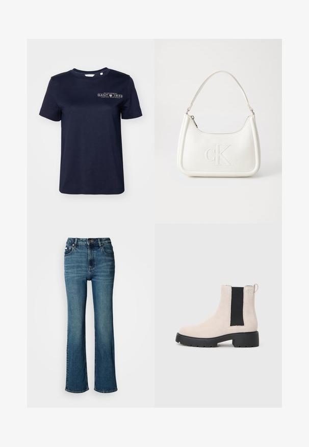 Navyblauwe katoenen T-shirt met korte mouwen, ronde hals en een bedrukt logo met "GANT 1949" op de linkerborst. Smooth textuur.; Hogwaardige blauwe jeans van denim, met een rechtzittend ontwerp, subtiele vervaging en een standaard knoop- en ritssluiting.; Beige suède Chelsea-boot met zwarte elastische zijpaneel, robuuste zwarte zool en een trekhaak bij de enkel.; Witte lederen handtas met een gebogen vorm, voorzien van een reliëf "CK" logo aan de voorkant en een enkele schouderriem. Ritsluiting aan de bovenkant.