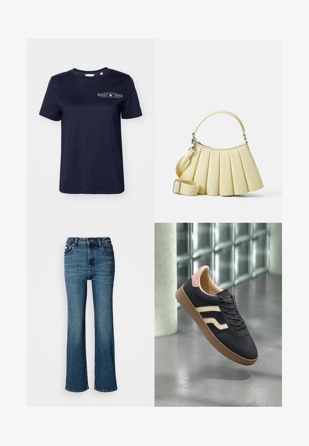 Navyblauwe katoenen T-shirt met korte mouwen, ronde hals en een bedrukt logo met "GANT 1949" op de linkerborst. Smooth textuur.; Hogwaardige blauwe jeans van denim, met een rechtzittend ontwerp, subtiele vervaging en een standaard knoop- en ritssluiting.; Marine leren sneakers met crèmekleurige strepen, roze accenten op de hiel en een getextureerde tan rubberen zool. Klassiek laag model.; Geverfde handtas in zachtgele stof met een gebogen handvat. Voorzien van een afneembare en verstelbare schouderband en een gladde textuur met minimale hardware.