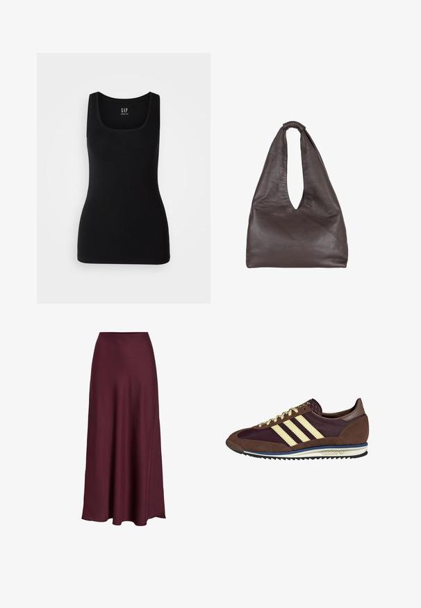 GAP TANK - Viršus - black; Bordo satino sijonas iki žemės su glotnia tekstūra, aukštu liemeniu ir laisva siluetu, kuris švelniai plečiasi link apatinio krašto.; Rudi ir burgundiški sportbačiai, pagaminti iš suedės ir tinklinės medžiagos, su trimis grietinėlės spalvos juostelėmis, tekstūruota medžiaga ant liežuvėlio ir guminis padas.; Rudas odinė rankinė su krentančiu, dideliu dizainu. Pasirinkta kilpos rankena ir gili V-formos ertmė patogiam prieigai. Minkštas audinys, minimalistinis stilius.