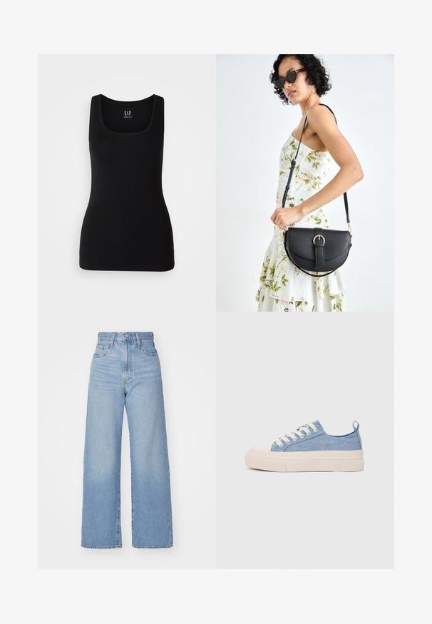 GAP TANK - Felső - black; Világoskék, magas derekú, bő szárú farmernadrág, elülső gombbal és cipzárral, elülső és hátsó zsebekkel, fehér háttérrel.; Világoskék vászon sportcipők, krémszínű gumitippel és talppal, fehér fűzőkkel és egy húzófüllel a sarkán.; Fekete bőrtáska ívelt formával, levehető pánttal és arany színű fémrészekkel. A táskán egy csattal díszített fedél található.