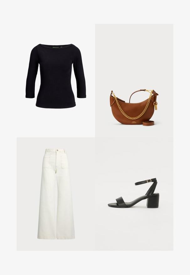 Musta ribbattu toppi, jossa on venepääntie ja kolmannes hihat, valmistettu joustavasta kankaasta, joka sisältää miten tiukan muotoilun ja sileän rakenteen.; Reisitaskuhousut vaaleanvalkoisesta denimestä. Korkea vyötärö, napitus, kaksi etutaskua ja kontrastiväriset ompeleet.; Mustat korkokenkä-sandaalit, joissa on sileä nahkapinta, avoin varvas, leveät etuvarteen strapit ja säädettävä nilkkastrap, jossa on kultainen solkiyksityiskohta.; Ruskea nahkakäsilaukku, jossa on kaareva muotoilu, kultaketjuhihna, sisätasku ja irrotettava olkahihna. Ominaisuuksina on kontrastivärinen ommel.