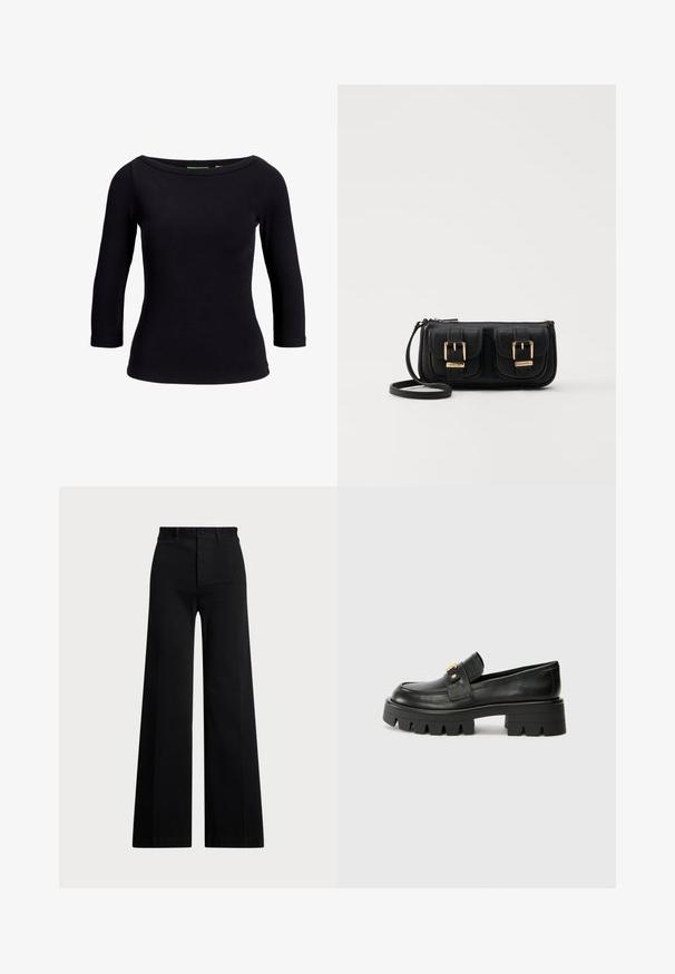 Svart ribbestrikket topp med båthals og trekvart-ermer, laget av stretchstoff, med en figurnær design og glatt tekstur.; Svart brede benbukser laget av vevd stoff, med høy midje, frontlukking med knapp og sidelommer. Glatt tekstur med rene linjer.; Sorte skinnloafers med en kraftig såle, med en gulltoneakcent foran og en jevn finish. Kraftig mønsterdesign på sålen.; Svart skinn crossbody veske med to frontlommer, gyldne spenner, glidelåslukking og en slank stropp. Teksturert overflate og kompakt rektangulær form.