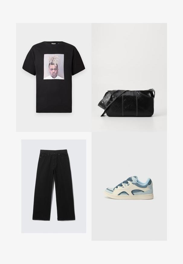 Sort bomulds t-shirt med rund hals, prydet med et stort fronttryk af et portræt i en firkantet ramme. Korte ærmer, løs pasform.; Bredde ben sorte denim bukser med høj talje, fem-lomme design og subtil syning. Stoffet har en glat, let struktureret overflade.; Lys blå og creme sneakers med marineblå snørebånd. Inkluderer mesh- og læderpaneler, rund tå og en gummisål med let tekstur.; Sort læder skuldertaske med lynlås, der har en tekstureret overflade, hvid syning og en rem med sølvøskner.