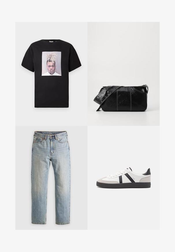 Fekete pamut póló kerek nyakkivágással, elülső nagy nyomtatott négyzet alakú keretben készült portréval. Rövid ujjú, laza szabású.; Világoskék farmernadrág magas derékkal, elülső gombbal, cipzárral és öt zsebbel, sima háttérre fektetve.; Fehér sneaker fekete és szürke részletekkel, textúrált szürke orr résszel, fekete gumitalppal és lapos fehér fűzőkkel. Tiszta dizájn, minimalista stílus.; Fekete bőr válltáska, cipzárral zárva, texturált felülettel, fehér varrással és ezüst fémgyűrűs pánttal.