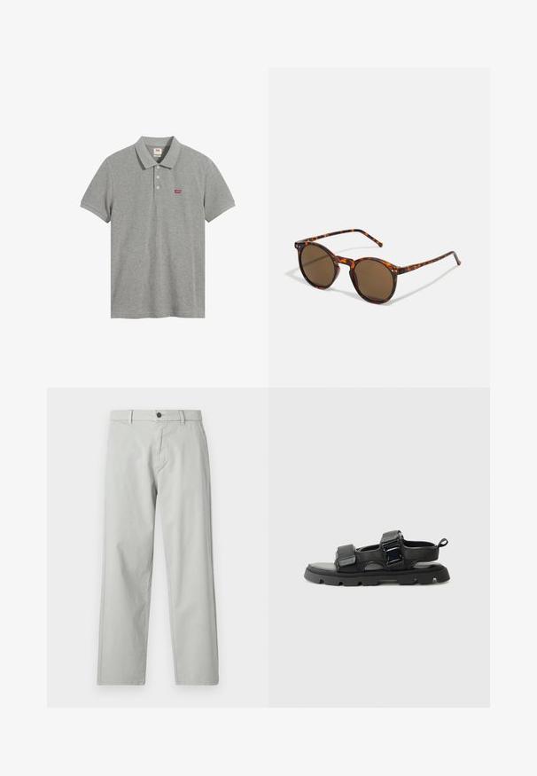Polo cinza feito de algodão, com colarinho clássico, três botões e um logotipo vermelho no lado esquerdo do peito. Mangas curtas com um corte descontraído.; Calças cinza-claro, de perna reta, feitas de um tecido suave e tecido. Apresentam um fecho frontal com botão e bolsos laterais. Estilo minimalista.; Sandálias pretas com um topo de tecido texturizado, tiras largas, detalhes em fivela de metal, e uma sola de borracha espessa com um padrão de ranhuras.; Óculos de sol redondos com armação tartaruga e lentes castanhas. Apresenta hastes finas com leve textura e detalhes em metal perto das lentes.