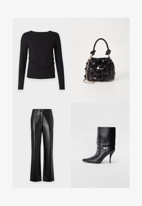Czarna bluzka z długim rękawem, wykonana z miękkiego materiału, z okrągłym dekoltem i marszczeniem z boku dla dodatkowej faktury.; Czarne skórzane spodnie o prostym kroju nogawki, z zapięciem na guzik z przodu, szlufkami na pasek oraz gładką, wypolerowaną fakturą.; Czarne skórzane botki za kostkę z ostrym noskiem, wysokim obcasem w kształcie stiletto, z załamanym mankietem oraz złotym dekoracyjnym zapięciem na kostce.; Czarna mini torebka z cekinami, z węzłowym, teksturowanym paskiem i srebrnym łańcuchem. O zaokrąglonym kształcie z marszczoną górą i refleksyjnymi detalami.