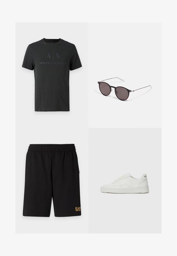Juodas medvilninis marškinėliai su apvalia iškirpte. Priekyje yra išryškintas tamsiai pilkas logotipas su užrašu "A|X ARMANI EXCHANGE".; Juoda sportinė šortai, pagaminti iš minkštos medžiagos, su elastingu diržu ir maža geltona EA7 logo apatinėje kairėje kojoje.; Balti odiniai sportiniai bateliai su lygia apdaila, apvaliu pirštu, plokščiais raišteliais ir tekstūruotu padu. Pasižymi subtiliu logotipu ant kulno.; Juodos apvalios saulės akinių su tamsiais lęšiais ir plonomis metalinėmis šakomis. Įtraukti skaidrūs šventyklų galai ir sidabriniai akcentai vyrio srityje. Minimalistinis dizainas.