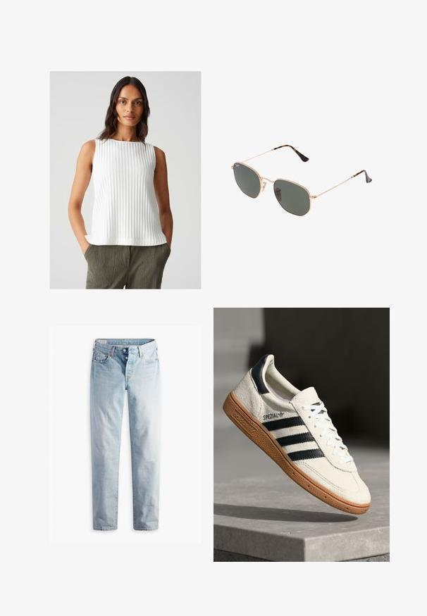 Weißes, geripptes, ärmelloses Oberteil mit rundem Halsausschnitt, leicht ausgestelltem Saum und strukturiertem Stoff. Kombiniert mit olivgrünen, strukturierten Hosen.; Hellblaue Jeans aus Denim mit geradem Bein, zwei Fronttaschen und zwei Gesäßtaschen. Enthält einen Zwei-Knopf-Reißverschluss und dezente Nähte.; Weiße Wildleder-Sneaker mit marineblauen Streifen, Gummisohle, strukturiertem Obermaterial, runder Zehenform und Schnürung; mit Branding an der Seite und auf der Zunge.; Goldfarbene Metallrahmen-Sonnenbrillen mit dunkelgrünen Gläsern im Pilotenstil, mit schlanken Bügeln und Schildpatt-Akzenten an den Spitzen.; Graue synthetische Tragetasche mit zwei langen Griffen und einem passenden kleinen Reißverschlussbeutel mit Quaste. Glatte Textur mit dezentem Muster.