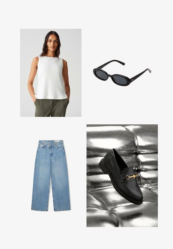 Weißes, geripptes, ärmelloses Oberteil mit rundem Halsausschnitt, leicht ausgestelltem Saum und strukturiertem Stoff. Kombiniert mit olivgrünen, strukturierten Hosen.; Hellblaue weite Jeans aus Denim, mit hoher Taille, fünf Taschen, Knopfverschluss und dezentem Verblassen für Textur.; Schwarze Leder-Loafer mit goldfarbener Hardware. Der Schuh zeichnet sich durch ein elegantes Design und eine glatte, glänzende Oberfläche aus.; Schwarze, oversized Sonnenbrillen mit ovalen Gläsern, glattem Kunststoffrahmen und goldenen Akzenten an den Bügeln. Die dunklen Gläser bieten Sonnenschutz.; Weiche braune Hobo-Stil Handtasche mit einem einzigen breiten Trageriemen und einer geschwungenen Oberteilöffnung, auf einem weißen Hintergrund präsentiert.