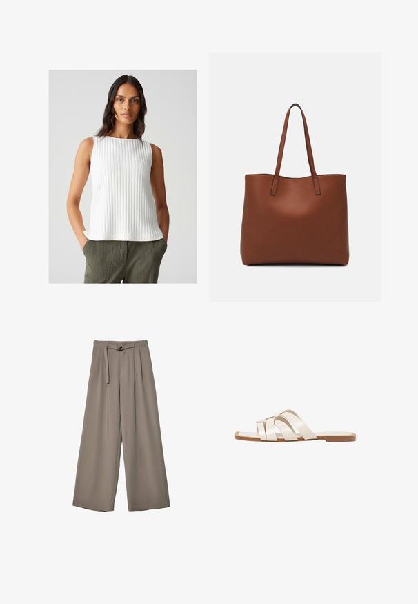 Witte geribbelde tanktop met een ronde halslijn, licht uitlopende zoom en textiel met structuur. Gecombineerd met olijfgroene stoffen broek.; Wijd nietenbroeken van een zachte, gedempte grijze stof, met een ceintuur in de taille en plooien voor extra ontwerpelementen. Gladde textuur, geen patronen.; Vlakke sandalen met een tan rubberen zool, ontworpen met drie overlappende witte leren banden en een kleine strikdetail in het midden.; Bruine leren tote bag met een gladde textuur, een ontwerp met een open bovenkant en twee schouderbanden. Kenmerkt zich door minimale stiksels en geen zichtbare hardware.