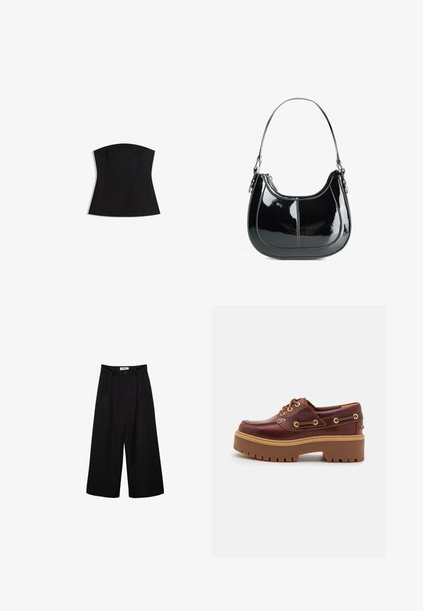 Svart strapless topp med en figursydd silhuett, mjuk textur och vid halsringning. Har dartar för formgivning och en ren, minimalistisk design.; Svarta vida byxor med hög midja, plisserad front och knappstängning. Tillverkade av ett mjukt tyg med skräddarsydd design.; Brun läderskärgårdssko med en kraftig brun gummisula, guldfärgad ögla och kontrasterande sömmar. Har en logotyp på sidan.; Svart lackläderhandväska med en böjd design, dragkedjestängning och ett enda axelband med detaljer i silverfärgade metall och sömnadsaccenter.