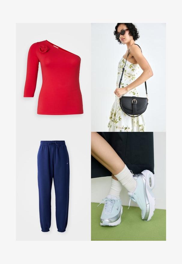 Punane, ühe õlavarrega pehmest kangast top, millel on lilleline aplikaatsioon õlal ja kolmveerandvarrukad. Ühtlane tekstuur.; Tumesinine dressipluus, mis on valmistatud pehmest kangast, elastse vöökoha ja nööriga, elastsete mansettide ning väikese valge logoga.; Heled sinine tennis, millel on hõbedased detailid, tekstureeritud ülemine osa, pehme põhi ja nähtav õhukamber. Kombineeritud valgete ribadega sokkidega.; Mustmust mustraha kõverate joontega, eemaldatava rihmaga ja kuldsete detailidega. Kotil on klapp, millel on pandladetail.