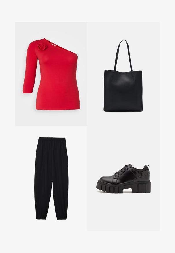 Red, one-shoulder top made of soft fabric, featuring a floral appliqué on the shoulder, and three-quarter sleeves. Smooth texture.; Black, lightweight pants with an elastic waistband and gathered ankles. The fabric is smooth and features a relaxed, tapered design.; Black leather platform shoes with a chunky block heel, round toe, and traditional lace-up design. Features smooth texture and minimal detailing.; Black leather tote bag with smooth texture, rectangular shape, and two long handles. No visible hardware or embellishments.