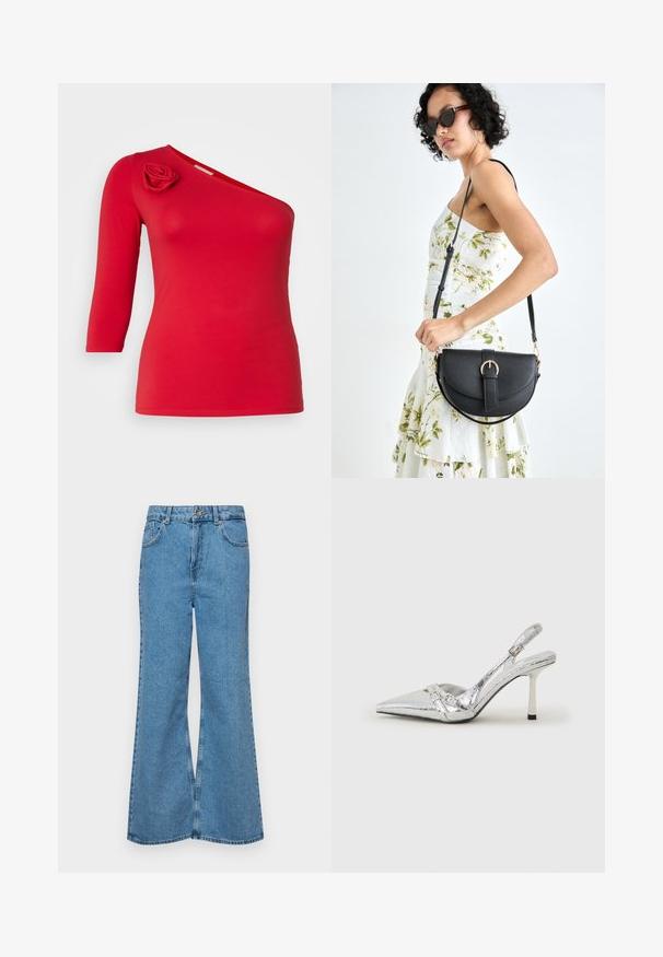 Top roșu, cu un singur umăr, realizat dintr-un material moale, prezentând o aplicație florală pe umăr și mâneci trei sferturi. Textură netedă.; Jeanși evazați de culoare albastru deschis, din denim, cu talie înaltă, cinci buzunare și închidere cu un singur buton. Textură moale cu un finisaj decolorat.; Pantofii cu toc înalt, argintii, cu vârf ascuțit, finisaj metallic, două curele decorative și un toc subțire cu vârful negru.; Geantă din piele neagră, cu o formă curbată, curea detașabilă și accesorii aurii. Geanta are un capac cu un detaliu tip cataramă.