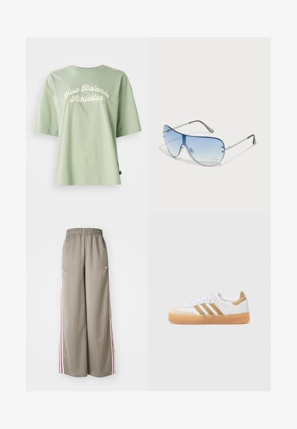 Zelena bombažna majica s kratkimi rokavi, ki ima na sprednji strani ukrivljen, smetanast "New Balance Athletics" logo, ter ima sproščen kroj.; Svijetlo maslinasto zelene široke hlače s vertikalnim prugama, elastičnim pojasom i ružičastim bočnim prugama. Imaju mali logo na bokovima.; Bela športna obutev z bež poudarki, ki vsebuje tri črte, zaobljen prst in prozoren gumijast podplat. Gladka usnjena in tekstilna materiala.; Pilotne sončne očala z gradijentnimi modrimi lečami, srebrnim kovinskim okvirjem in okrasnimi zvezdastimi detajli na lečah. Gladek in eleganten dizajn.