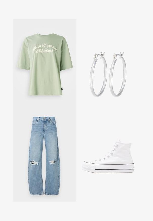 Camiseta de algodón verde con un logo en crema de "New Balance Athletics" en la parte frontal, de manga corta y corte relajado.; Vaqueros de mezclilla de tiro alto en azul claro. Tienen piernas anchas, dos áreas desgastadas en las rodillas y un estilo clásico de cinco bolsillos.; Zapatilla de lona alta blanca con suela de goma negra, puntera de goma frontal y seis ojetes para los cordones, que presenta un diseño limpio y minimalista.; Pendientes de aro de plata con un acabado liso y pulido. Forma redonda y cierre de click seguro. Diseño ligero adecuado para el uso diario.