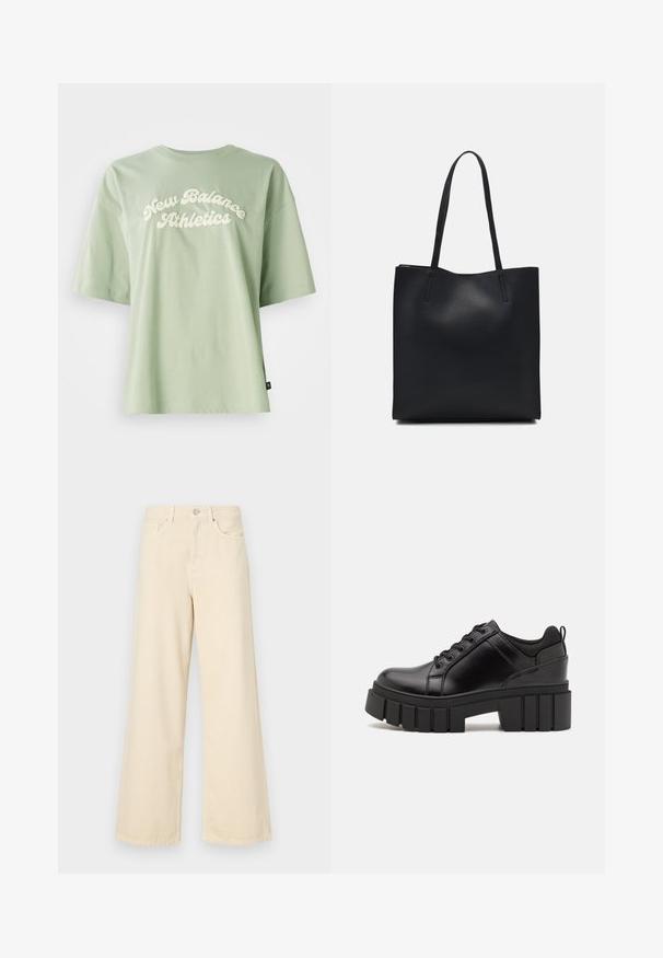 Žalias medvilninis marškinėliai su kreminės spalvos "New Balance Athletics" logotipu ant priekinės dalies, trumpomis rankovėmis ir laisvu siluetu.; Bežinės plačios kojos džinsai, pagaminti iš medvilnės. Turintys sagos uždarymą, diržo kilpas ir priekinės kišenes su lygia, švelnia tekstūra.; Juodi odiniai platformos batai su masyviu blokuota kulniuku, apvalia nosimi ir tradiciniu šnypštimo dizainu. Turintys glotnų paviršių ir minimalų dekoravimą.; Juodas odinis tote krepšys su lygia tekstūra, stačiakampio formos ir dviem ilgais rankenomis. Matomų metalinių detalių ar puošybos nėra.