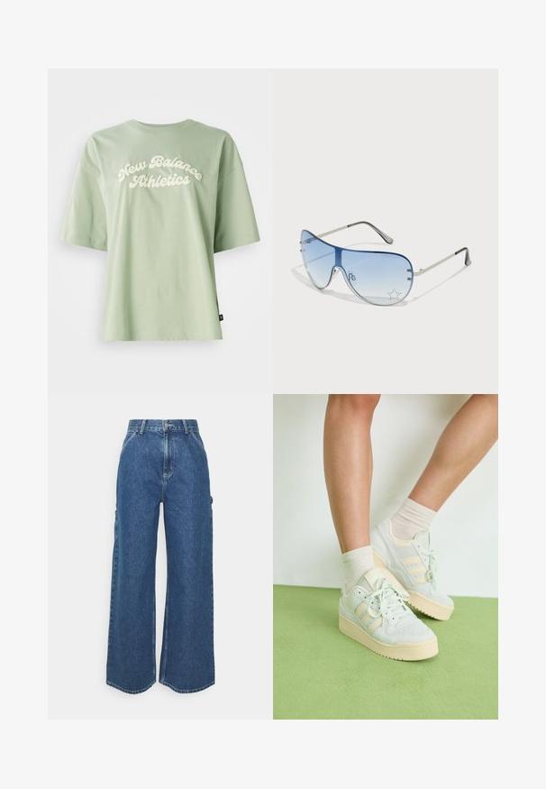 Zelena bombažna majica s kratkimi rokavi, ki ima na sprednji strani ukrivljen, smetanast "New Balance Athletics" logo, ter ima sproščen kroj.; Široke modre denim hlače z visokim pasom, kontrastnim šivom in stranskimi žepi, ki vključujejo klasičen pet-džepni dizajn in robove brez obdelave.; Svetlozelene teniske z teksturirano površino, ki vsebujejo tri bele črte, smetanasto gumijasto podplat in vezalni design. Nosi se z svetlimi nogavicami.; Pilotne sončne očala z gradijentnimi modrimi lečami, srebrnim kovinskim okvirjem in okrasnimi zvezdastimi detajli na lečah. Gladek in eleganten dizajn.
