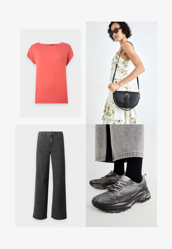 Koralska majica s kratkim rukavima, opuštenog kroja, okruglog izreza i glatke teksture. Nema vidljivih uzoraka ili hardverskih detalja.; Široke traperice od tamno sive denima, s nježnom zebrom uzorak tekstura, kontrastnim šavovima i dizajnom s pet džepova uz dugme.; Crne i sivo sportske cipele imaju mrežastu gornjište, debele potplate i vezice. Imaju zaobljen vrh i vidljive detalje s jastučićima.; Crna kožna torba s lukovitim oblikom, odvojivim remenom i zlatnim detaljima. Torba ima preklop s kopčom.