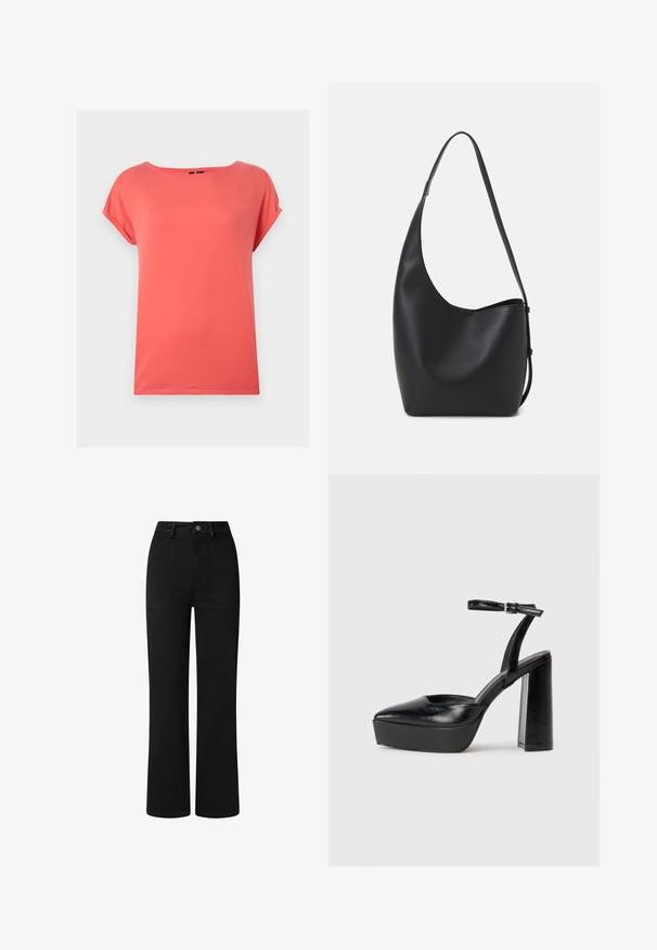 Koral kortermet t-skjorte med avslappet passform, rund hals og glatt tekstur. Ingen synlige mønstre eller metall detaljer.; Sorte, høy midje bukser med rett ben-design, laget av glatt bomullsstoff. Har frontlommer og en enkel metalldeksel.; Sorte plattformhelter med spiss tå og justerbar ankelrem. Laget av glatt lær, med en robust blokkhel.; Svart lær hobo-veske med glatt tekstur, buet form og enkelt justerbart stropp; har en bred åpning på toppen.