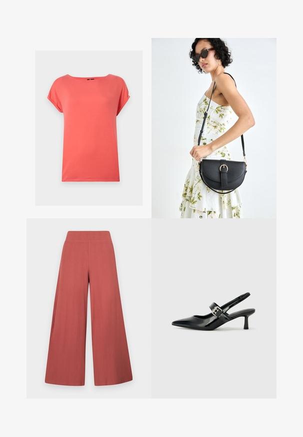 Korallfärgad t-shirt med kort ärm, avslappnad passform, rund halsringning och slät textur. Inga synliga mönster eller hårdvarudetaljer.; Vida byxor i rostfärg, gjorda av texturerat tyg med vertikal ribbning. Har en hög, elastisk midjeresår.; Svarta patentläder slingback-klackar med spetsig tå och en liten blockklack, med en silvrig spänneaccent på remmen.; Svart läderhandväska med en böjd form, avtagbar rem och guldiga detaljer. Väskan har ett lock med en spänndetalj.