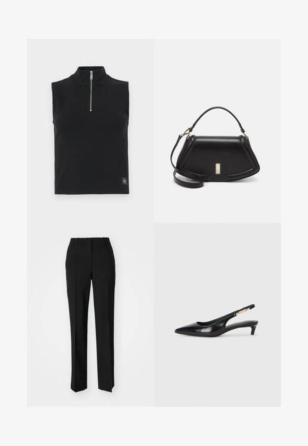 Melnas bezpiedurkņu blūze ar augstu apkakli un īsu rāvējslēdzi, izgatavota no ribota materiāla. Satur mazu logotipu apakšējā pusē.; Melnas pielāgotas bikses ar taisnu kāju dizainu, kas raksturojas ar gludu faktūru un asiem krokām pa priekšu. Nav redzamu metāla detaļu.; Melnas ādas slingback zābaki ar smailu purngalu, ar šauru papēdi un zelta krāsas akcentu uz regulējama siksniņas. Gluda tekstūra.; Melnas ādas roku soma ar struktūru, ar īsu formu, augšējo rokturi un zelta aksesuāriem. Iekļauta regulējama plecu siksna.