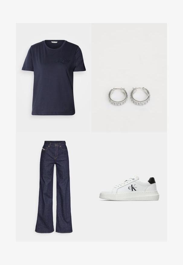 Granatowa koszulka bawełniana z okrągłym dekoltem, krótkimi rękawami i haftowanym logo na lewej piersi. Gładka faktura i luźny krój.; Ciemnoniebieskie dżinsy szerokie w nogawkach wykonane z denimu, z wysokim stanem, z pomarańczowymi przeszyciami, pięcioma kieszeniami i zapięciem na guzik.; Białe sneakersy typu low-top z czarnym paskiem na pięcie, platformą, sznurowadłami i logo "CK" marki Calvin Klein na boku.; Srebrne kolczyki w kształcie obręczy o teksturowanym wzorze z pionowymi żłobieniami. Okrągły kształt z pewnym zapięciem. Gładkie wykończenie.
