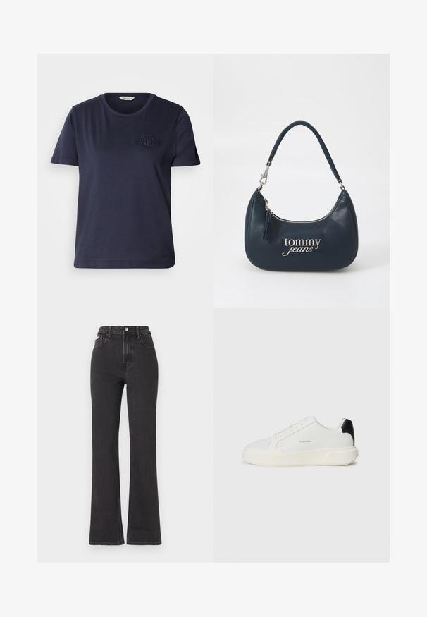 T-shirt in cotone blu navy con collo rotondo, maniche corte e logo ricamato sul lato sinistro del petto. Tessuto morbido e vestibilità rilassata.; Jeans neri a vita alta e a zampa d'elefante in denim, con chiusura a bottoni, passanti per cintura e tasche laterali. Texture liscia con minimal fading.; Sneaker bianco con tomaia in pelle liscia, punta tonda, chiusura con lacci e un contrasto di colore nero sul tallone. Presenta una suola in gomma testurizzata.; Borsa in pelle blu navy con forma arrotondata, zip argentata e logo "tommy jeans" in un carattere corsivo sulla parte frontale. Manico corto.