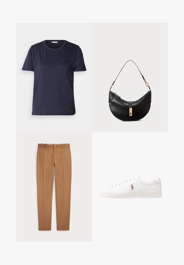 Námořnická modrá bavlněná tričko s kulatým výstřihem, krátkými rukávy a vyšitým logem na levém prsu. Hladká textura a volný střih.; Hnědé bavlněné kalhoty s úzkým střihem, plochým předním dílem a standardními kapsami; hladký povrch a lemované manžety.; Bílé kožené tenisky, nízký střih, s hladkým povrchem, kulatou špičkou, šněrováním v přední části a malým vyšitým logem na boku.; Černá kožená kabelka ve tvaru půlměsíce. Obsahuje zlaté kovové detaily a úzký popruh. Hladký povrch, zapínání na zip na vrchu.; Náušnice ve zlatém tónu ve tvaru uzlu s propleteným designem. Každá náušnice má kulatou průhlednou oporu pro bezpečné nošení.