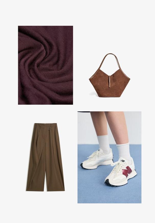Bordeaux gebreide stof met een gladde textuur, die complexe weefpatronen en hangende plooien toont. Zacht en lichtgewicht materiaal.; Bruine wijde broek met fijne witte streepjes, hoge taille, sluiting met een knop aan de voorkant en een overslagpaneel.; Een paar witte sneakers met bordeauxrode accenten, getextureerde panelen, een platte zwarte buitenzool en lichte veters, gedragen met witte enkelsokken.; Bruine suède tote bag met leren accenten en een dunnere sluiting, met een zachte, brede en iets hoekige vorm.