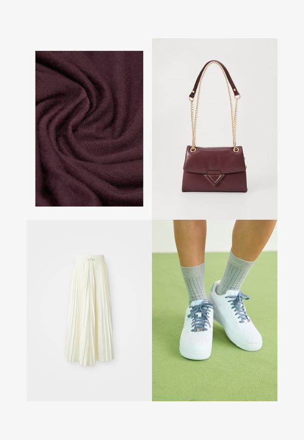 Tessuto in maglia borgogna con una texture morbida, che mostra intricati modelli di intreccio e pieghe morbide. Materiale leggero e soffice.; Gonna midi plissettata in tessuto giallo chiaro, con una vita elasticizzata e un legaccio, texture liscia e righe verticali per un tocco di dettaglio.; Sneaker bianche in pelle con accenti blu, design della punta perforato e lacci a trama blu e bianca, indossate con calze grigie a coste.; Borsa in pelle bordeaux con patta pieghevole, caratterizzata da una tracolla in catena dorata e un accento metallico triangolare sulla parte frontale. Texture liscia.