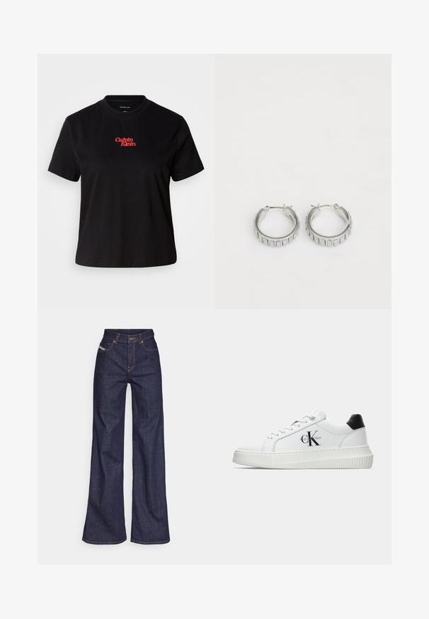 Černé bavlněné tričko s kulatým výstřihem a krátkými rukávy. Na hrudi je vyšívané červené logo "Calvin Klein".; Tmavě modré džíny s širokým střihem vyrobené z denimové tkaniny, s vysokým pasem, oranžovým prošíváním, pěti kapsami a zapínáním na knoflík.; Bílé nízké tenisky s černým patním tabem, platformovou podrážkou, tkaničkami a logem Calvin Klein "CK" na boku.; Stříbrné kruhové náušnice s texturovaným designem a vertikálními drážkami. Kulatý tvar s pevným uzávěrem. Hladký povrch.