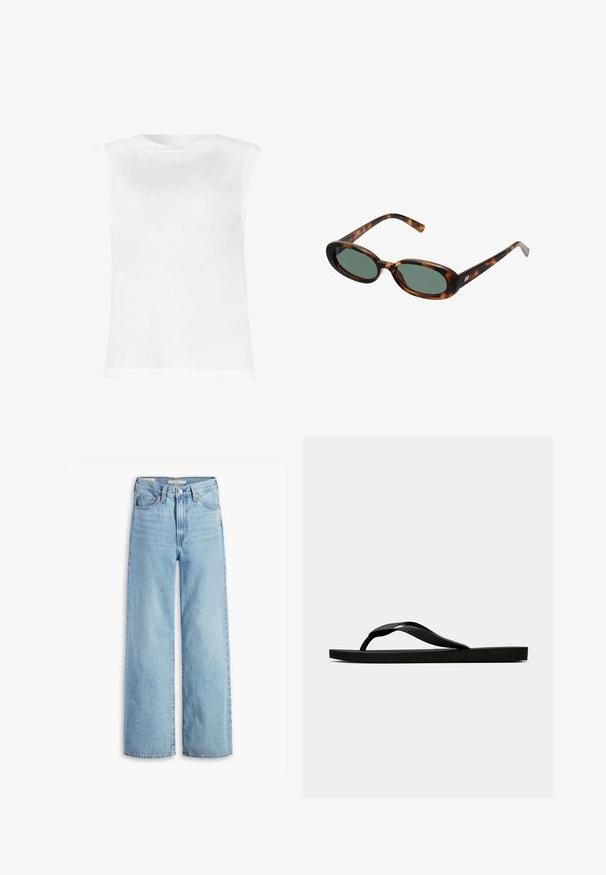 White sleeveless top made of lightweight fabric, featuring a round neckline and a slightly fitted shape. No visible patterns or embellishments.; High-waisted, light blue wide-leg jeans with front button and zipper, belt loops, and five-pocket styling.; Black rubber flip-flop sandal with a textured thong strap and simple flat sole, shown from side on a plain light background.; Tortoiseshell sunglasses with oval frames and green lenses. Features thin arms with a metallic accent near the hinges.