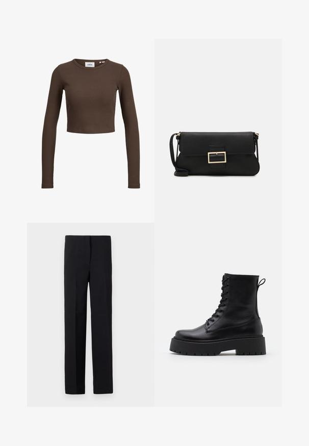 Brun ribbet langermet crop topp med rund hals. Stoffet er glatt med en tettsittende design, med minimal merking på innvendig etikett.; Svart skreddersydde bukser med rett snitt, med en glatt tekstur og uten synlige mønstre. Standard livlinje og en ren finish.; Sorte skinn ankelstøvler med rund tå, snøring foran og tykk gummisåle med teksturert mønster. Håndtak bak.; Svart lær clutch-veske med klaff og detalj i gullmetall. Inkluderer en svart stropp og et strømlinjeformet, minimalistisk design.