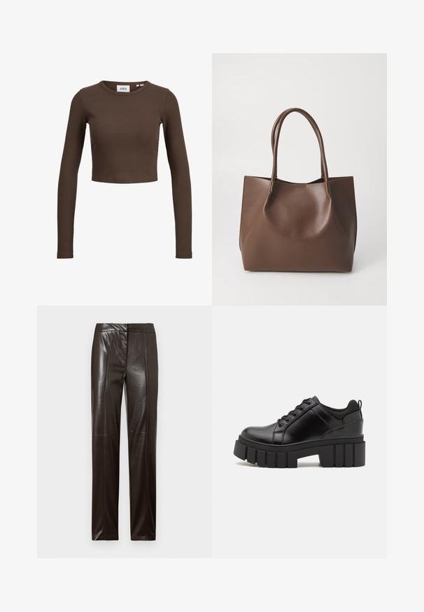 Pruuni ribaga pikkade varrukatega lühike topp ümmarguse kaelusega. Kangas on sile, keha lähedase lõikega, sisaldab minimaalset brändimist sisetikandil.; Tumed pruun sirge säärega nahkpüksid, millel on sile pind ja peened õmblused ees.; Must musta platvormsussid paksu plokkninal, ümmarguse varbaga ja traditsioonilise nööridega kinnitamisega. Sussid on sileda tekstuuriga ja minimaalsete detailidega.; Pruun nahkne kott kahe pika sangaga, struktureeritud kuju, sile pind ja minimalistik disain. Ilma nähtava riistvara või aksessuaarideta.