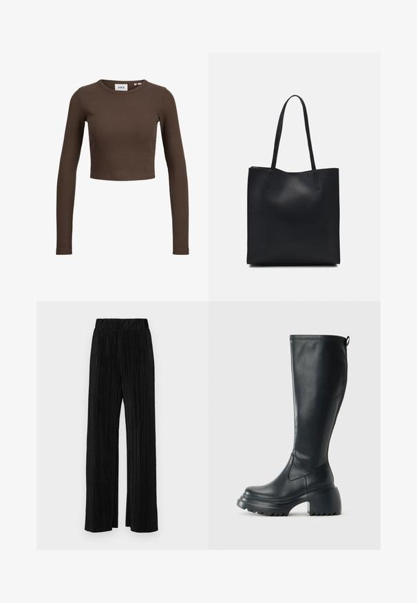 Bruine ribgebreide lange mouwen crop top met een ronde hals. De stof is soepel met een getailleerd ontwerp, met minimale branding op het binnenlabel.; Zwarte geplooide broek met een elastische tailleband. Beschikt over wijde pijpen en een glad, gestructureerd stof met verticale strepen.; Hoge zwarte leren laars met een chunky plateauzool en blokhak, voorzien van een trekband en een gestructureerd profiel op de buitenzool.; Zwarte leren handtas met een gladde textuur, rechthoekige vorm en twee lange handvaten. Geen zichtbare hardware of versieringen.