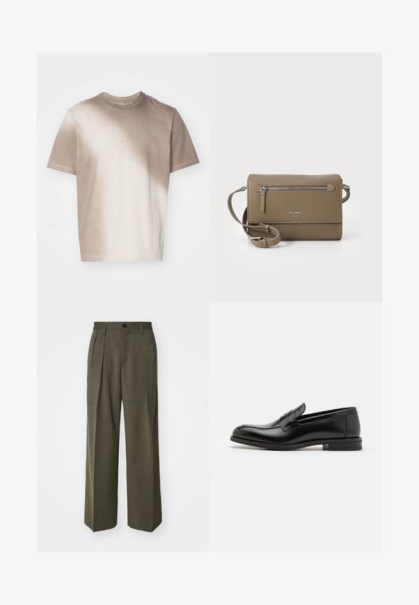 Beige Baumwoll-T-Shirt mit einem Farbverlaufseffekt, kurzen Ärmeln und Rundhalsausschnitt. Sanfte Textur, lässiges Design und ohne sichtbare Hardware.; Filippa K WIDE TROUSERS - Stoffhose - driftwood; Schwarze Lederloafers mit glatter Textur, rundem Zehenbereich und einem dekorativen Riemen über dem Vorderfuß. Niedriger, gestapelter Absatz, minimalistisches Design.; Taupe Leder Umhängetasche mit einem Reißverschluss-Frontfach, verstellbarem Schulterriemen, Strukturleder und geprägt Logo auf der Vorderseite.