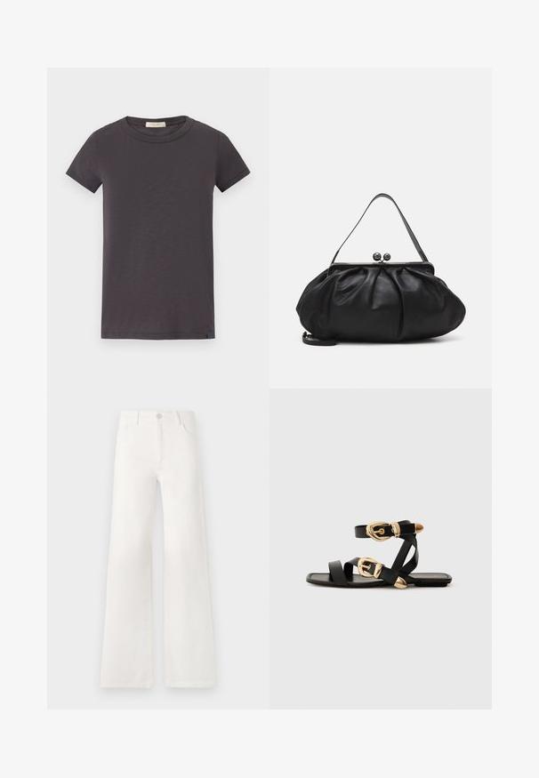 rag & bone THE SLUB - Camiseta básica - greystone; Jeans blancos de tiro alto y pierna ancha, confeccionados en denim. Cuentan con un cierre de botón, dos bolsillos frontales y costuras con detalles en las costuras laterales.; Sandalias de cuero negro con acentos de hebillas doradas, que cuentan con múltiples correas y un diseño de suela plana para usar con los dedos al aire.; Bolso de mano de cuero negro con un diseño redondeado y plisado. Cuenta con un cierre metálico con dos bolas decorativas y una correa delgada y desmontable.