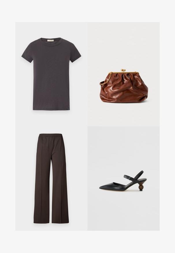 rag & bone - T-shirt basic; Szerokie spodnie w ciemnobrązowym materiale z elastycznym pasem, charakteryzujące się gładką teksturą i czystymi liniami dla dopasowanego wyglądu.; Czarne skórzane buty typu slingback z wąskim noskiem, zakrzywioną sylwetką i okrągłym, drewnopodobnym obcasem. Posiadają wąski pasek wokół kostki.; Brązowa skórzana torebka typu kopertówka z złotą klapą i krótkim złotym łańcuszkiem, o miękkiej, marszczonej fakturze na białym tle.