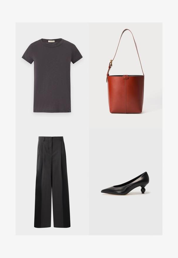 rag & bone THE SLUB - T-paita - greystone; Mustat, leveälahkeiset housut korkealla vyötäröllä, etupleiteillä, sileällä pinnalla ja huolitellulla viimeistelyllä. Suunniteltu rentoon istuvuuteen.; Musta nahkakengät korkealla korolla, joissa on terävä kärki ja pyöreä, pallomainen korko. Sileä pinta ja tyylikäs, minimalistinen muotoilu.; Ruskea nahkainen ämpärilaukku, jossa on säädettävä olkahihna ja kultasävyinen solki, yksinkertainen pystysaumadesign etuosassa.