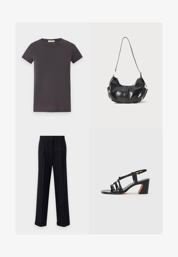 rag & bone THE SLUB - Basic T-shirt - greystone; Black pinstriped trousers with a tailored fit, featuring a cuffed hem and front pleats. Made of smooth fabric with a structured design.; Paul Smith AMIRA - Classic heels - black; Black leather crescent-shaped shoulder bag with silver zippers on both sides and a single strap.