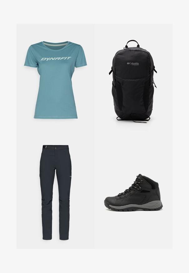 Dynafit TRAVERSE 2 TEE - Sportfelső - atlantic; Férfi kültéri nadrág, sötétszürke, rugalmas anyagból készült, övvel, cipzáros zsebekkel és megerősített varratokkal.; Fekete túracipő közepes magasságú kialakítással, texturált felsőrésszel, szürke részletekkel és strapabíró gumitalppal, amelynek tapadós kiemelkedései vannak.; Fekete Columbia Titanium hátizsák sima textúrájú anyagból, oldalsó zsebekkel, felső fogantyúval és állítható pántokkal. Minimalista dizájn diszkrét márkázással.