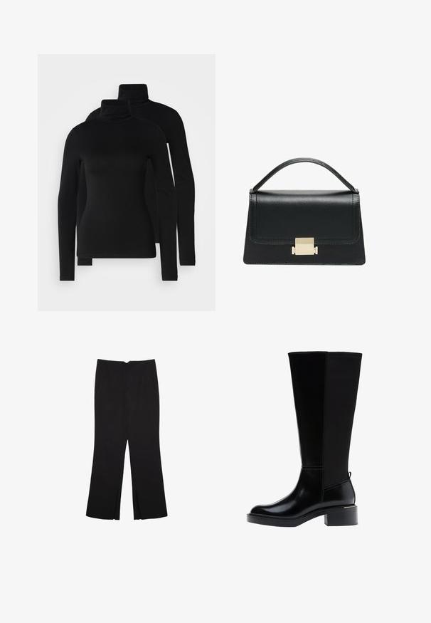Czarne, długie rękawy golfy wykonane z gładkiego, elastycznego materiału. Posiadają dopasowane rękawy i klasyczny wysoki kołnierz. W zestawie dwa egzemplarze.; Czarne spodnie o prostym kroju, z przednimi kieszeniami i bocznymi rozcięciami na dole. Wykonane z miękkiego, gładkiego materiału. Odpowiednie na różne okazje.; Czarny kozaki za kolano z gładkim wykończeniem ze skóry, widocznym przeszyciem, masywnym obcasem i fakturowanym tylnym panelem dla dodatkowego efektu.; Czarna skórzana torebka o zorganizowanej konstrukcji, z górną rączką i złotym metalowym zapięciem z przodu. Gładka faktura, minimalne przeszycia.