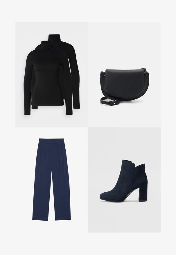 Fekete, hosszú ujjú garbók, sima, rugalmas anyagból. Feszülő ujjak és klasszikus, magas gallér jellemzi. Két darab található.; Sötétkék, bő szárú nadrág puha anyagból, elől redőkkel, sima textúrával, egyenes szabással, látható zsebek nélkül.; Tamaris Magassarkú bokacsizmák - navy; Fekete bőr crossbody táska, ívelt formával, mágneses zárókupakkal, állítható pánttal és dombornyomott logóval az elején.